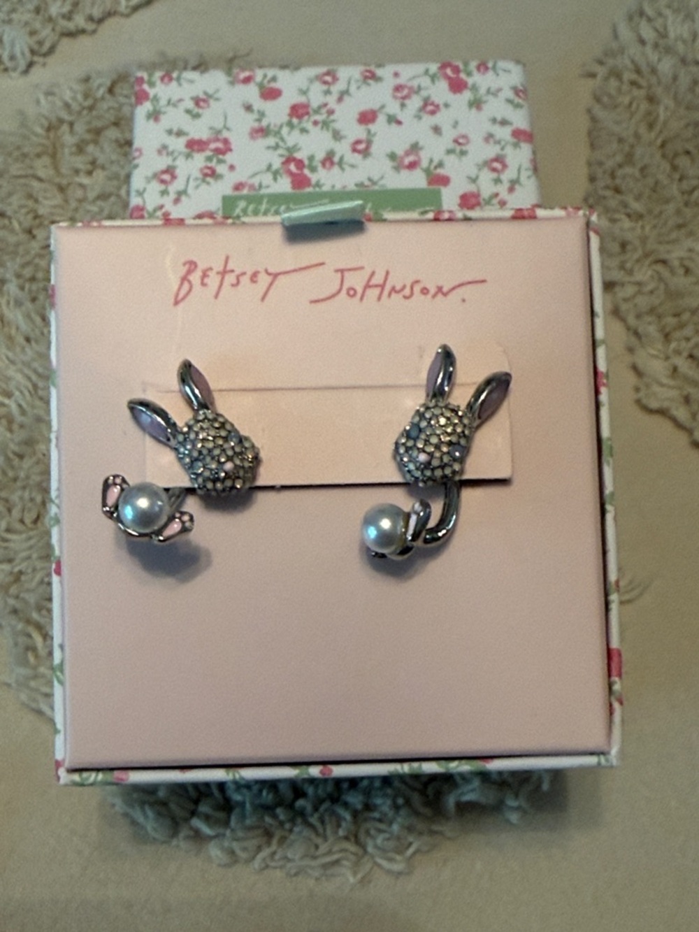 Betsey Johnson Silver Bunny jacket earrings